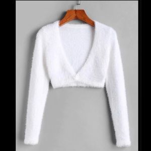 Cropped Long Sleeve Fuzzy White Cardigan W/ Button